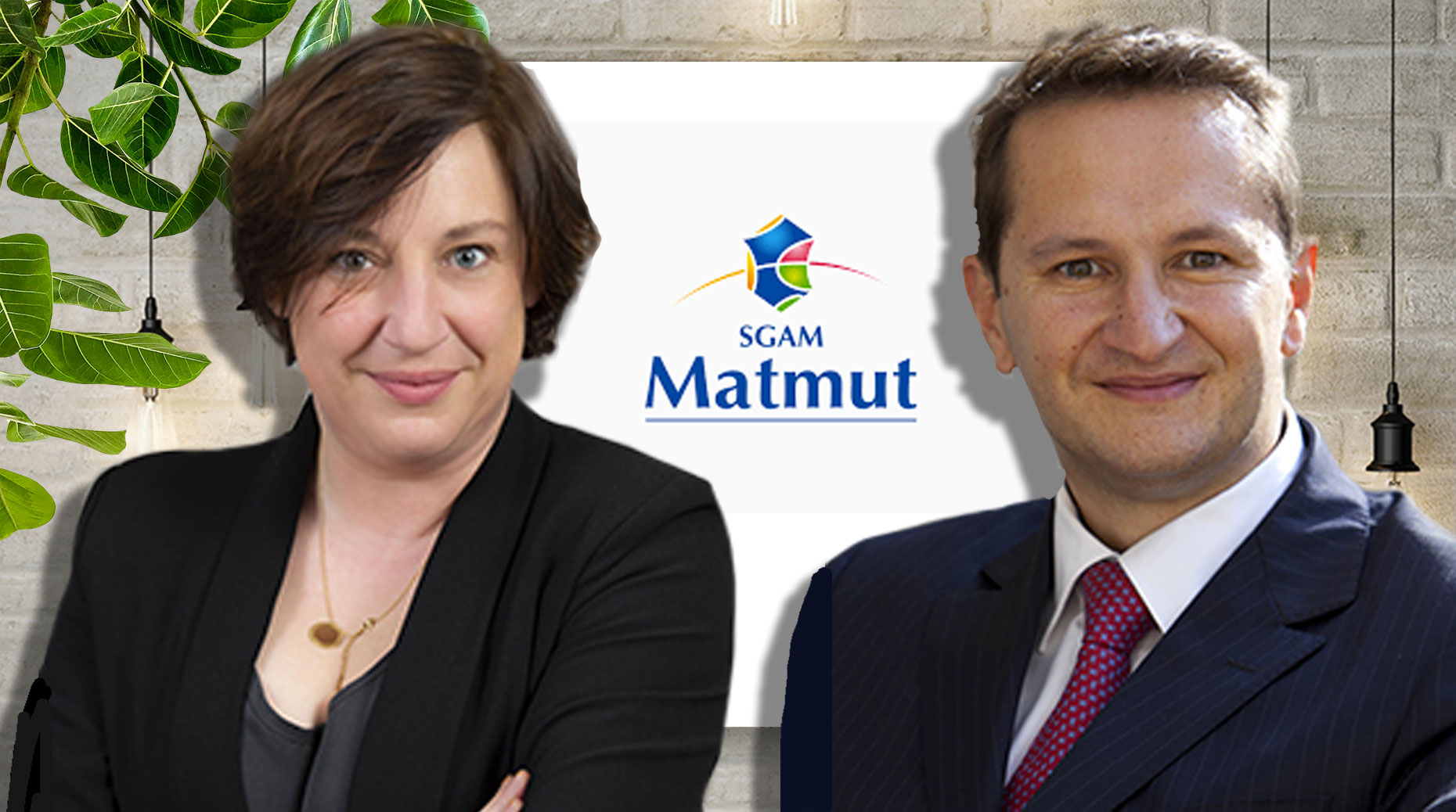 Portrait of Stéphanie Boutin and Emmanuel Petit in front of Matmut logo